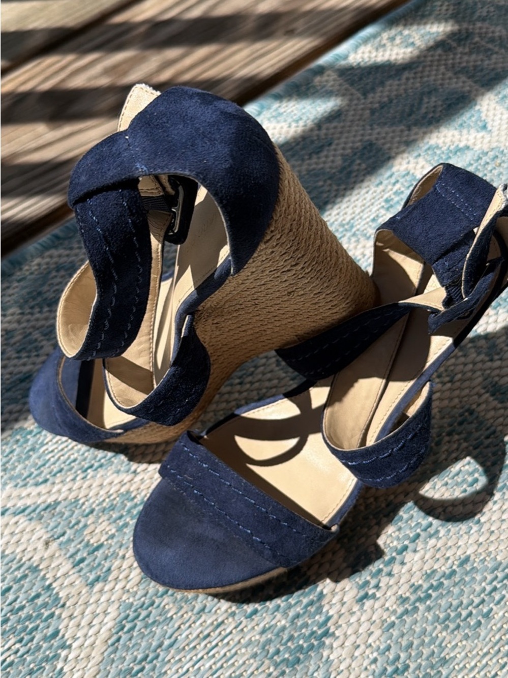 Marc Fisher Navy Suede Wedge Sandals with Espadrille Heel EUC